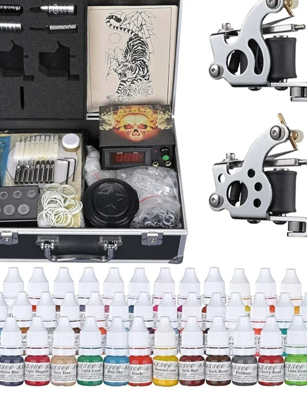 Dual Coil Tattoo Machine Kit with White Accessories